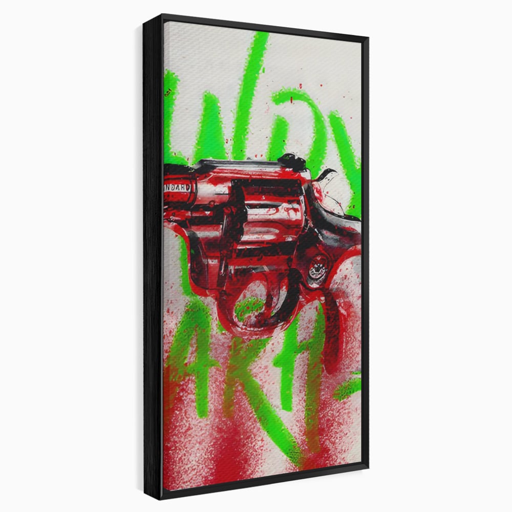 Tablou canvas cu tablou canvas cu pistol rosu si graffiti, in rama de aluminiu negru